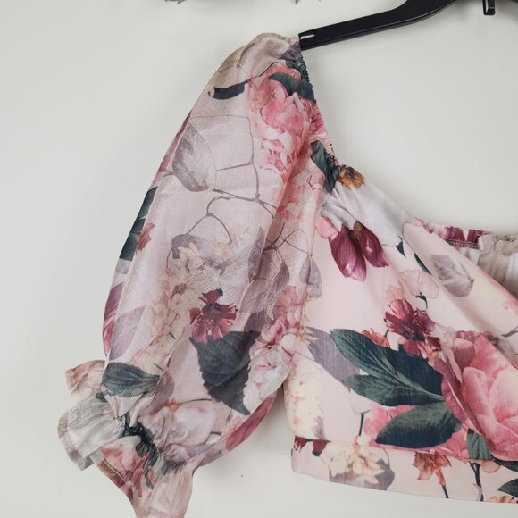 a peach Size S Floral Boho Pink Multi Short Puff Sleeves Crop Top - Picture 2 of 8